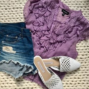 Flirty Bebe Purple and White Polka Dot Top!